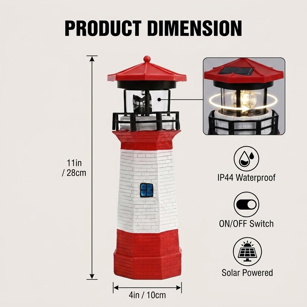 Solar Red & White Lighthouse S - Solar Garden Light Dusk To Dawn ulasan dan harga